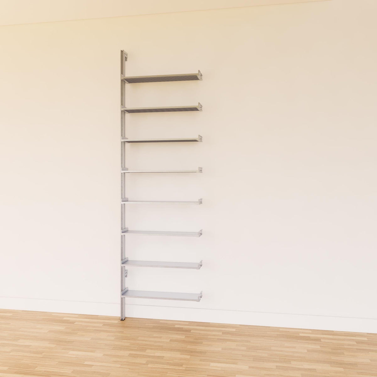 DVD media storage shelving unit with satin shelves and satin vertical posts, shown with open media storage shelf levels.