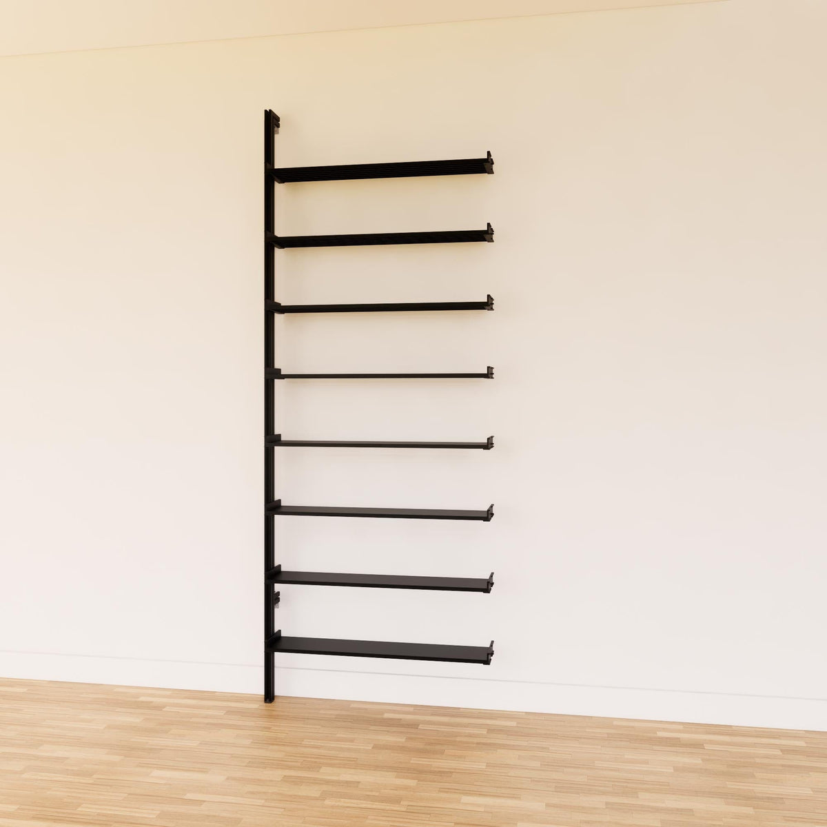 DVD media storage shelving unit with black shelves and black vertical posts, shown with open media storage shelf levels.