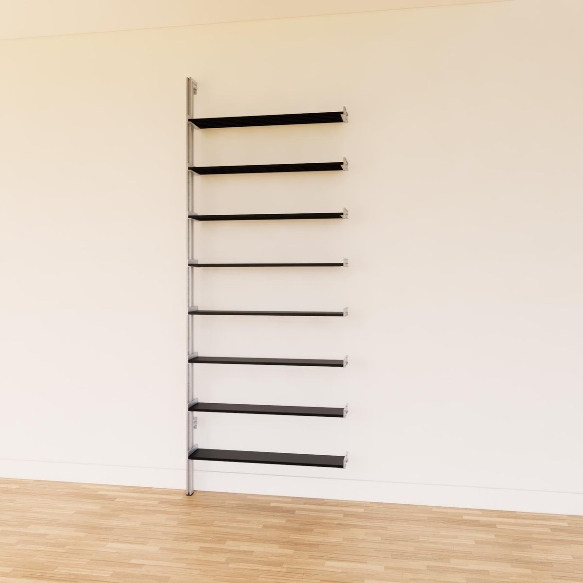 DVD media storage shelving unit with black shelves and satin vertical posts, shown with open media storage shelf levels.