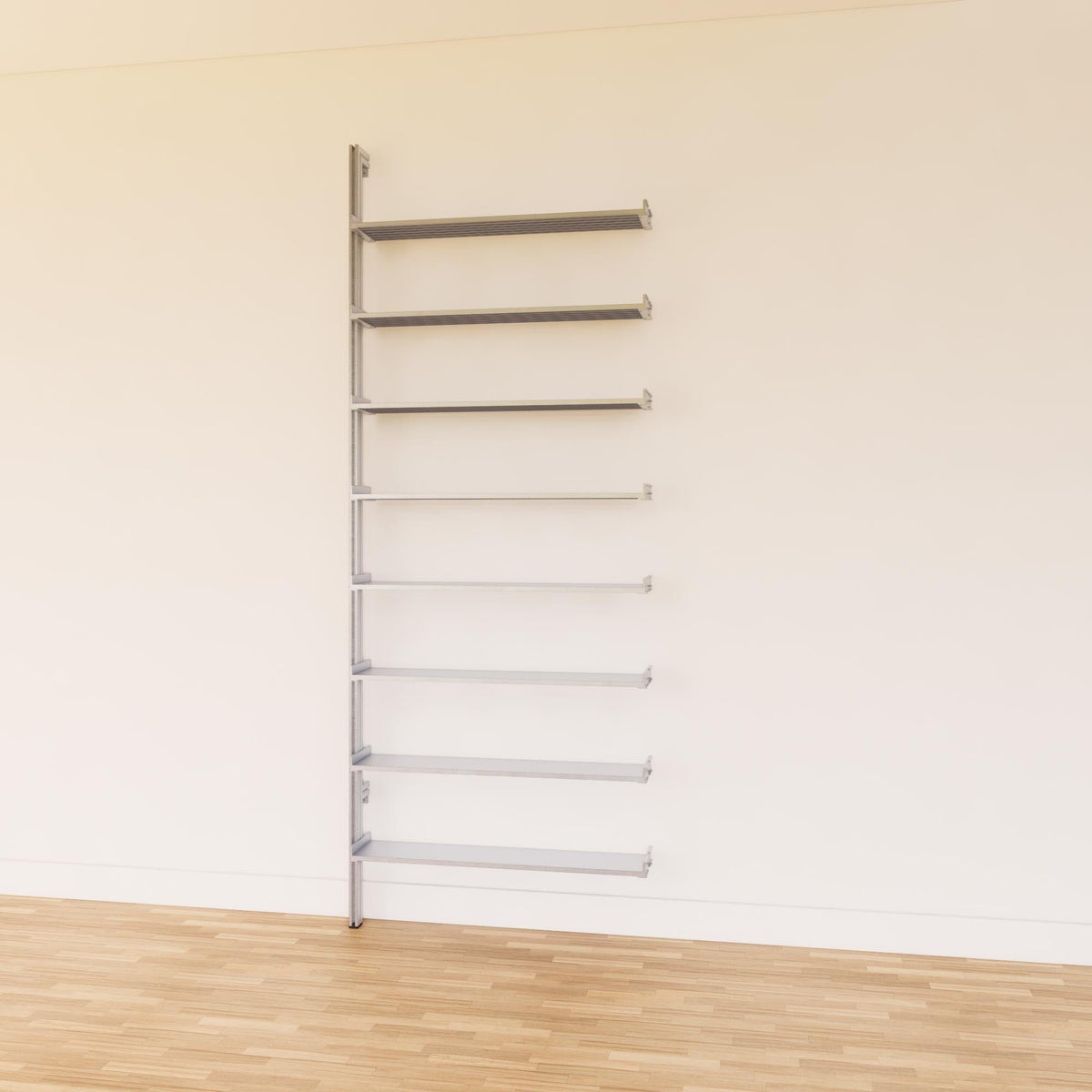 DVD media storage shelving unit with satin shelves and satin vertical posts, shown with open media storage shelf levels.