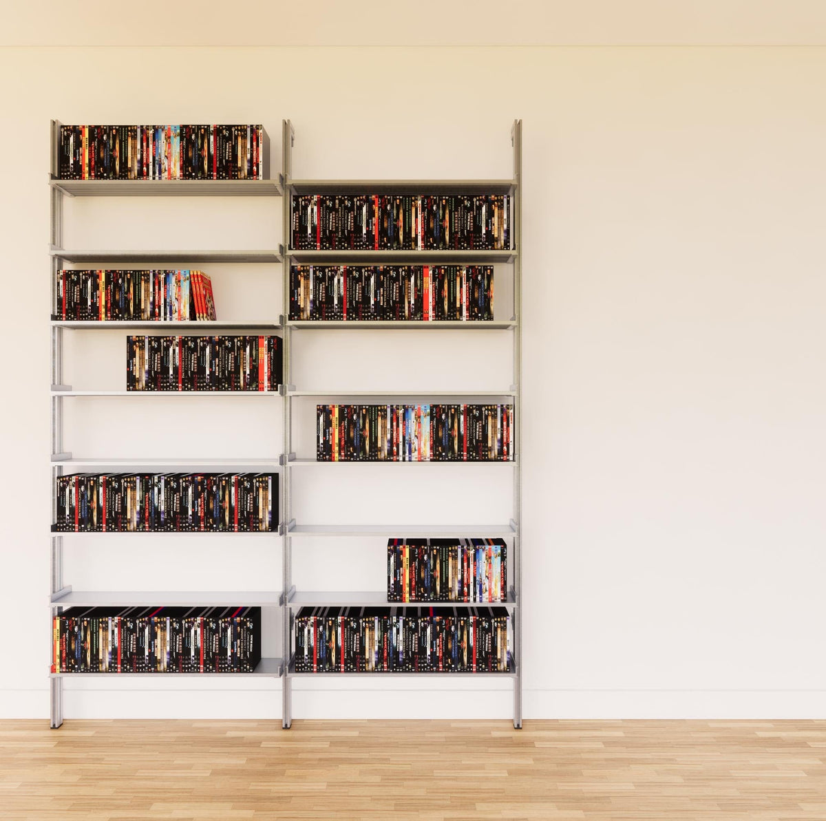 DVD media storage shelving unit with satin shelves and satin vertical posts, two bays, 31-inch shelf width, shown with open media storage shelf levels.