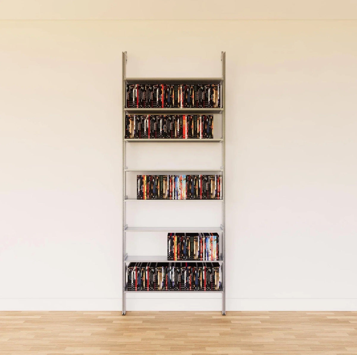 DVD media storage shelving unit with satin shelves and satin vertical posts, one bay, shown with open media storage shelf levels.