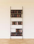 DVD media storage shelving unit with satin shelves and satin vertical posts, one bay, 24-inch shelf width, shown with open media storage shelf levels.