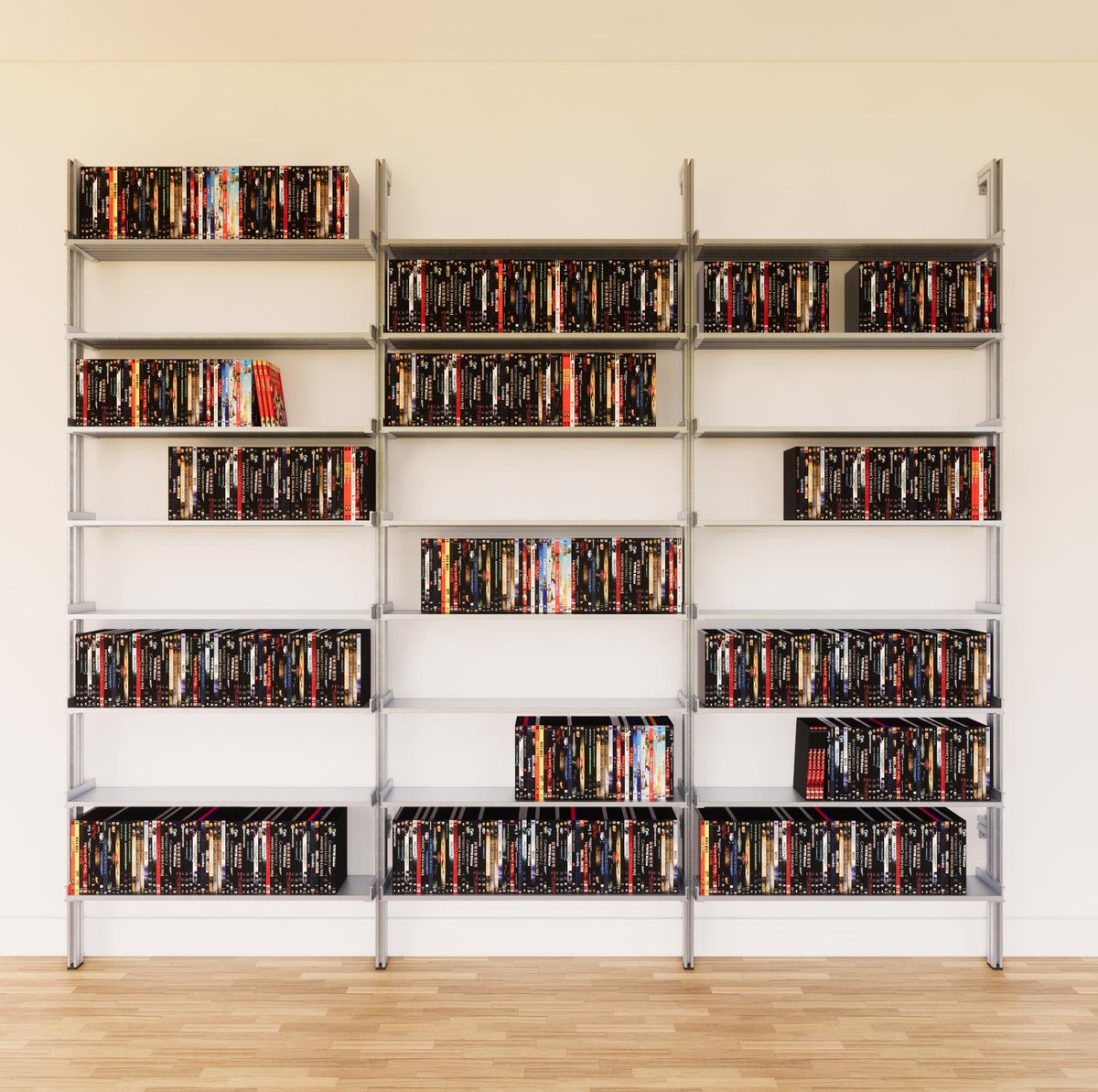 DVD media storage shelving unit with satin shelves and satin vertical posts, three bays, 31-inch shelf width, shown with open media storage shelf levels.