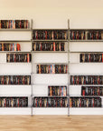 DVD media storage shelving unit with satin shelves and satin vertical posts, three bays, 31-inch shelf width, shown with open media storage shelf levels.