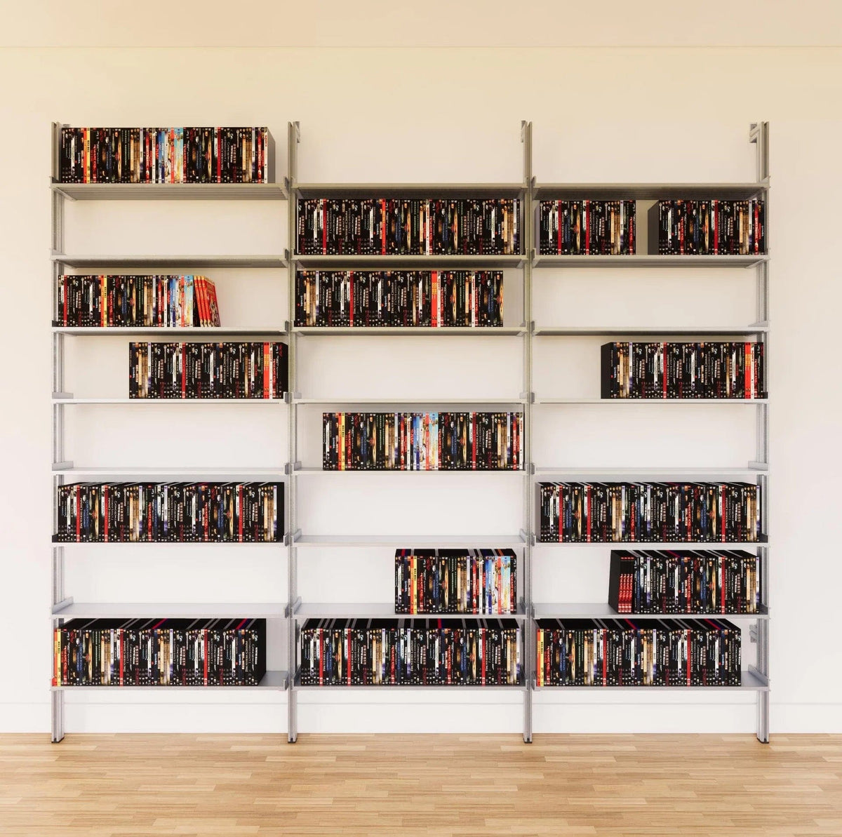 DVD media storage shelving unit with satin shelves and satin vertical posts, three bays, 31-inch shelf width, shown with open media storage shelf levels.