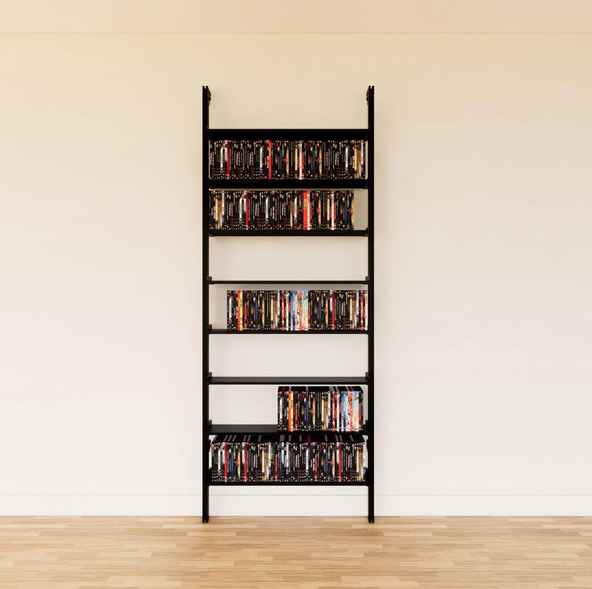 DVD media storage shelving unit with black shelves and black vertical posts, one bay, 24-inch shelf width, shown with open media storage shelf levels.