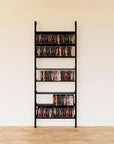 DVD media storage shelving unit with black shelves and black vertical posts, one bay, 24-inch shelf width, shown with open media storage shelf levels.