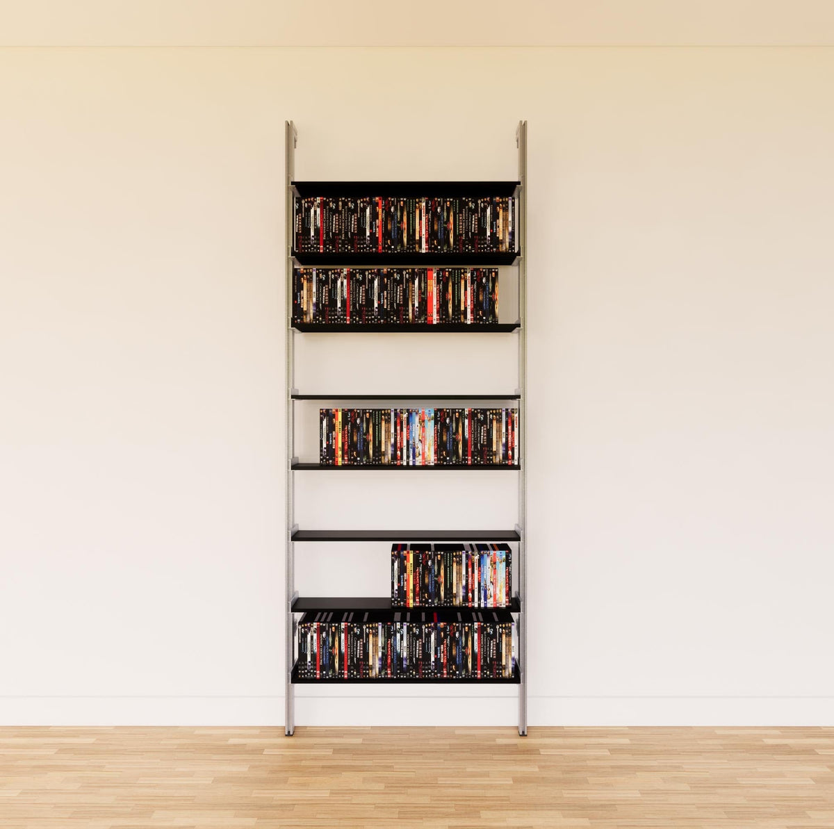 DVD media storage shelving unit with black shelves and satin vertical posts, one bay, 31-inch shelf width, shown with open media storage shelf levels.
