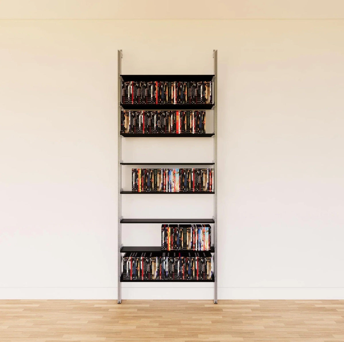 DVD media storage shelving unit with black shelves and satin vertical posts, one bay, shown with open media storage shelf levels.