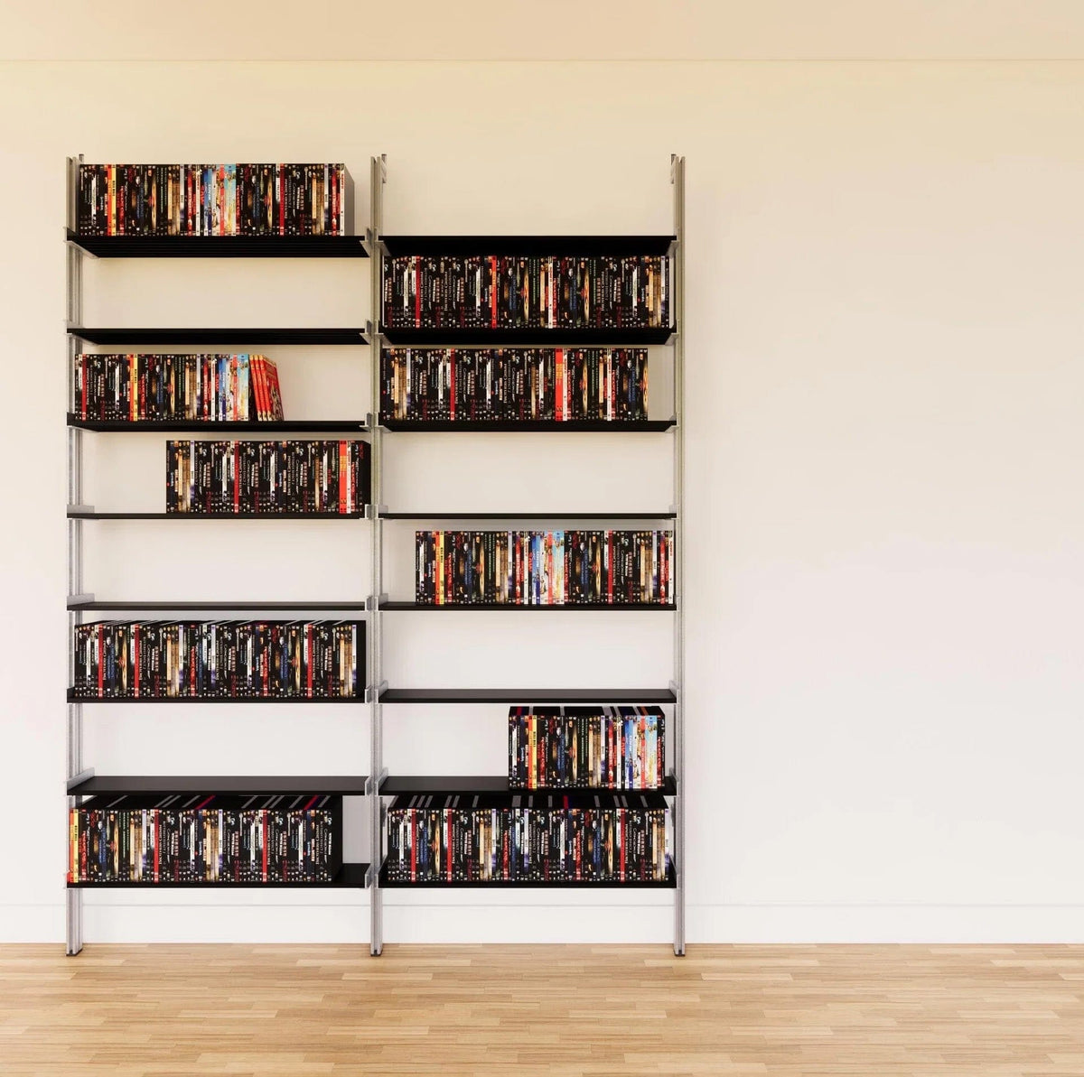 DVD media storage shelving unit with black shelves and satin vertical posts, two bays, 24-inch shelf width, shown with open media storage shelf levels.