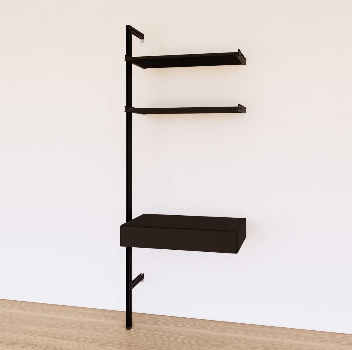 Desk shelving extension with black shelves and black vertical post, shown with desk surface and open shelf levels.