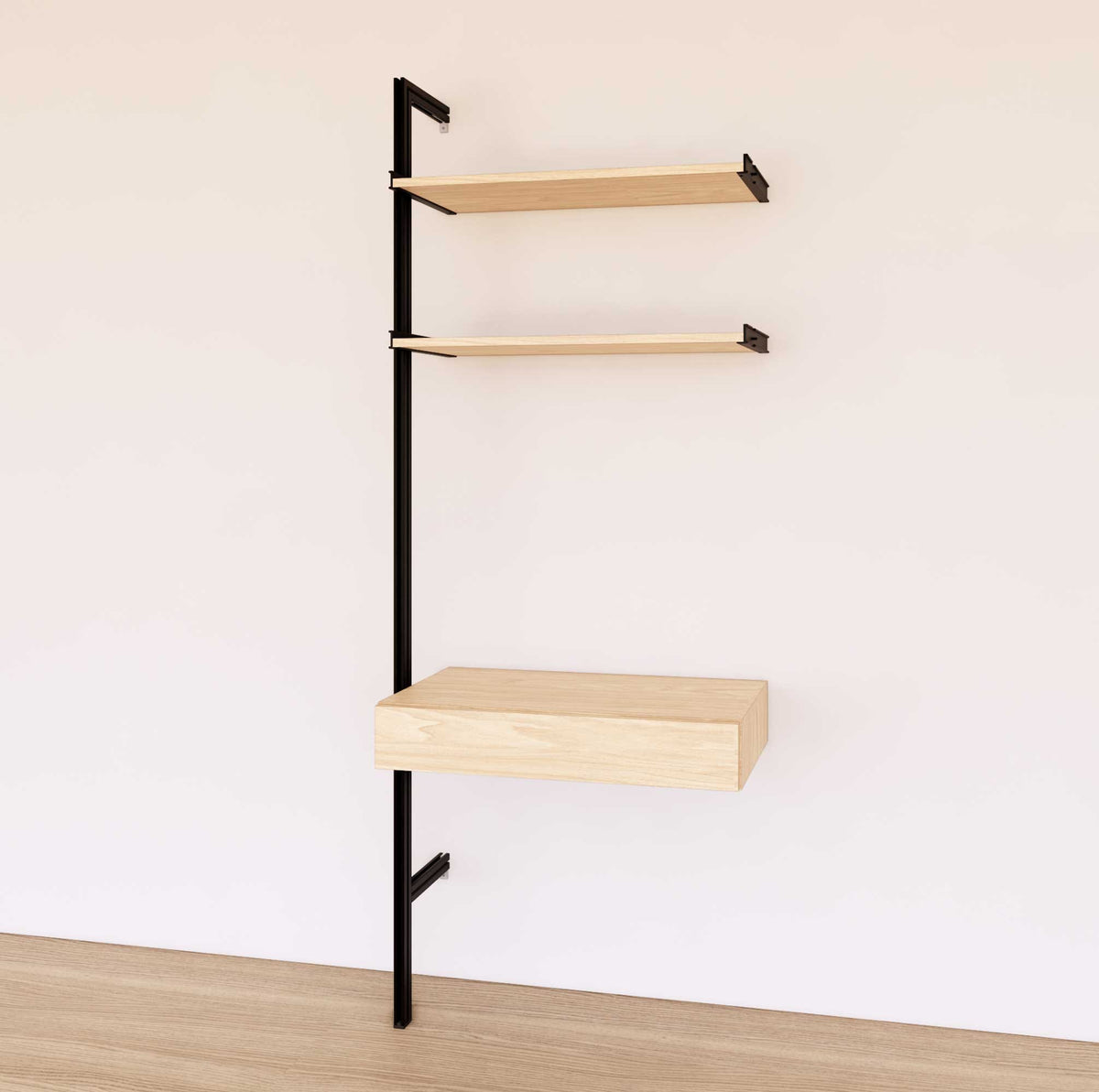 Desk shelving extension with Casting Light shelves and black vertical post, shown with desk surface and open shelf levels.