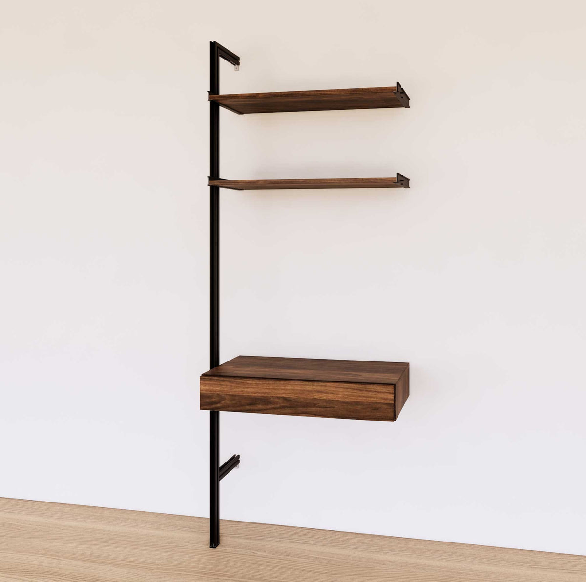 Desk shelving unit with wood-look shelves and black vertical posts, shown with desk surface and open shelf levels.