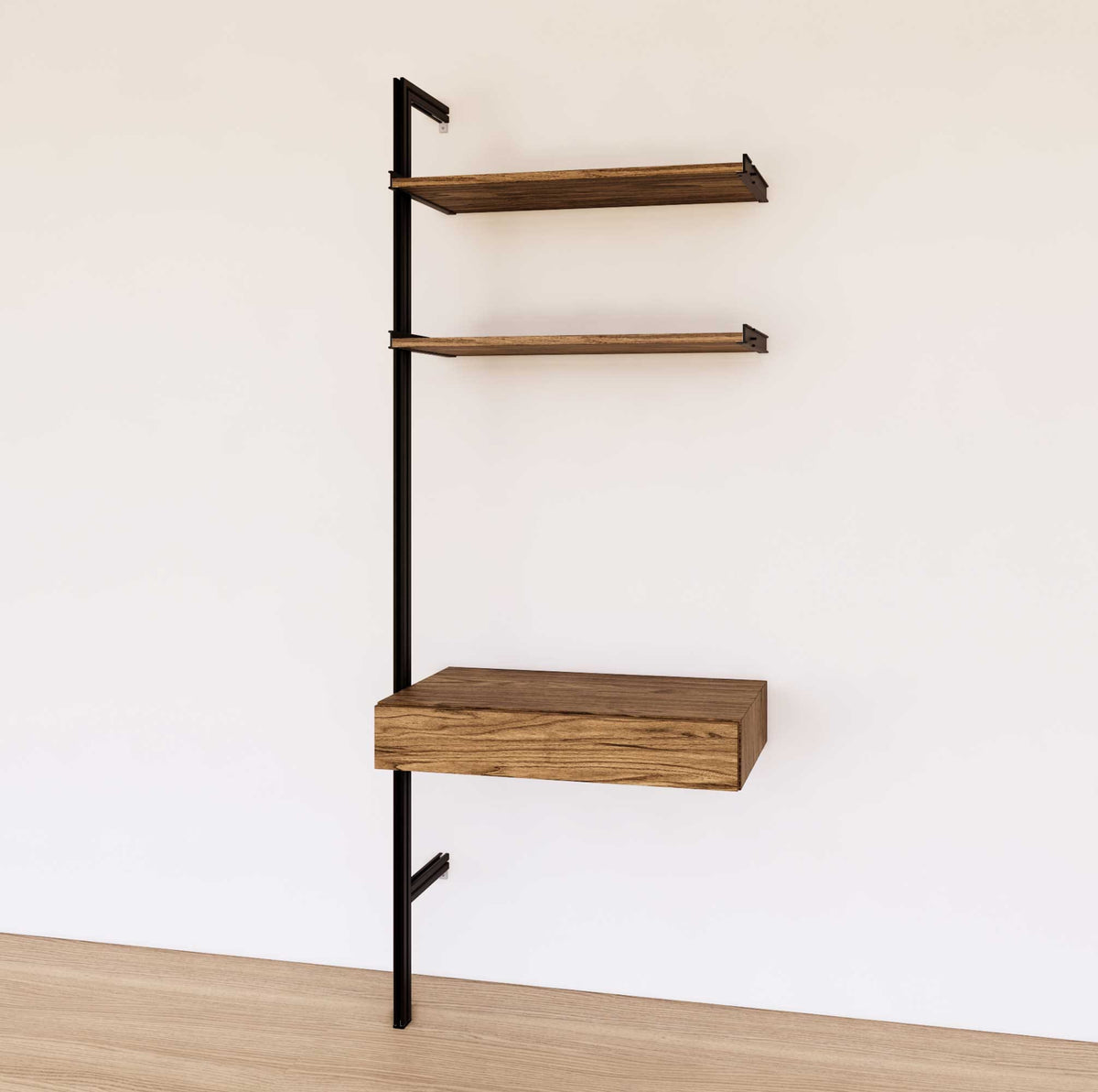 Desk shelving unit with Tea for Two shelves and black vertical posts, shown with desk surface and open shelf levels.
