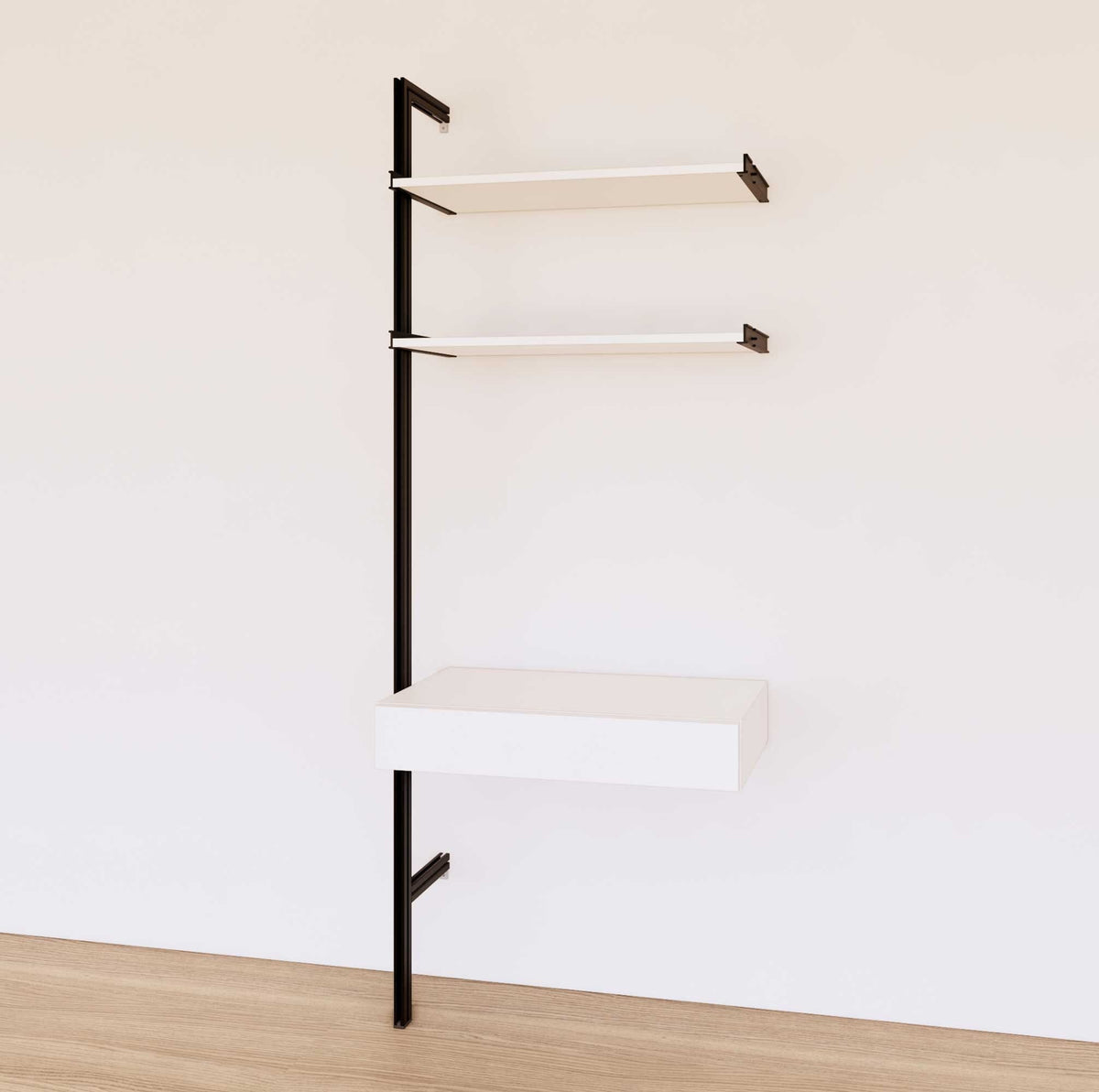 Desk shelving unit with white shelves and black vertical posts, shown with desk surface and open shelf levels.