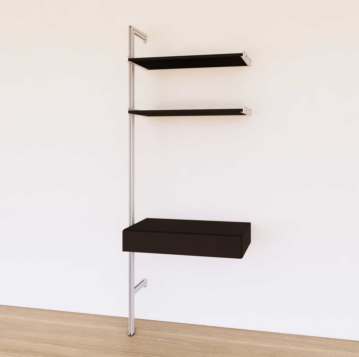 Desk shelving unit with black shelves and satin vertical posts, shown with desk surface and open shelf levels.