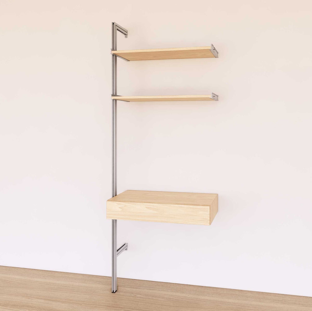 Desk shelving unit with Casting Light shelves and satin vertical posts, shown with desk surface and open shelf levels.