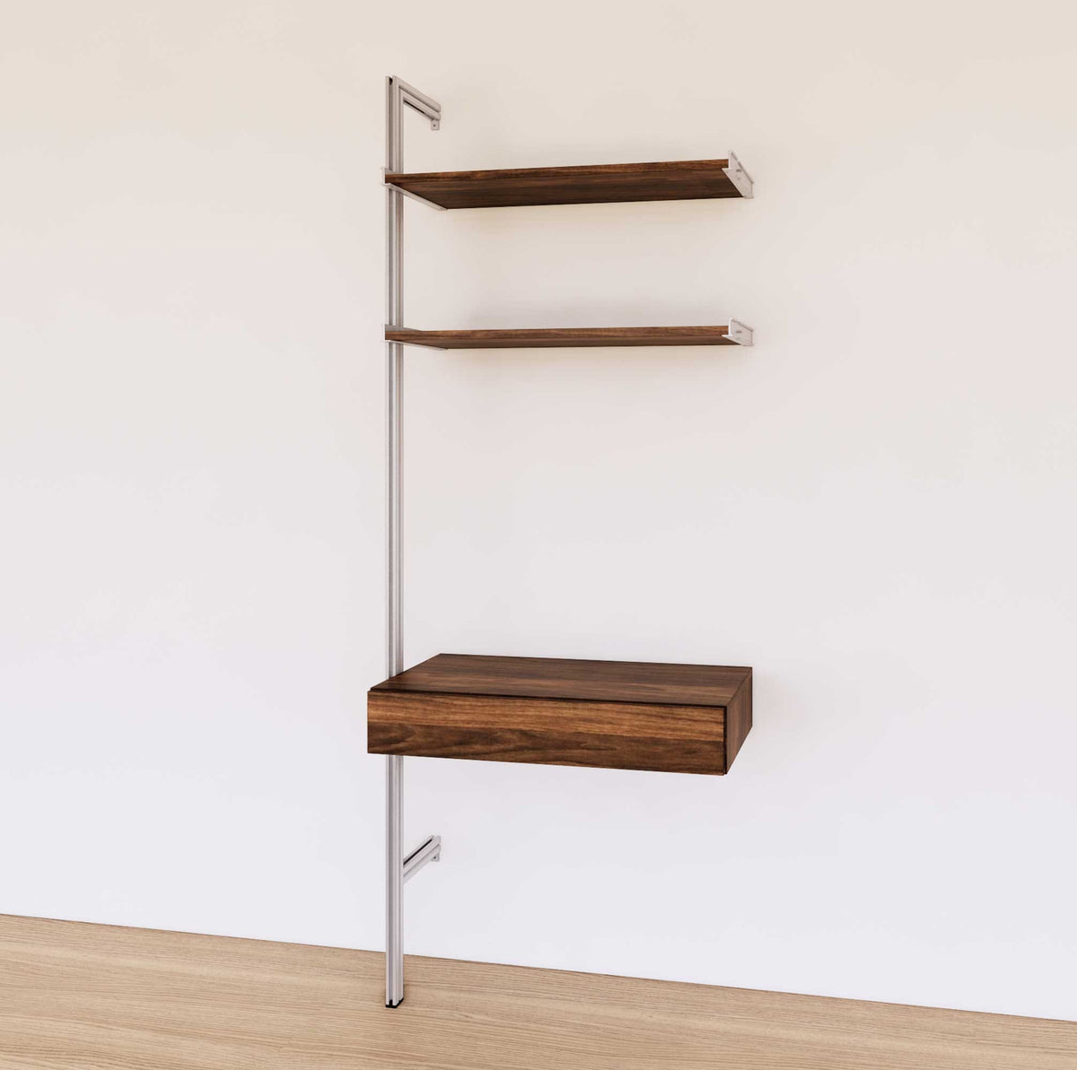 Desk shelving unit with wood-look shelves and satin vertical posts, shown with desk surface and open shelf levels.