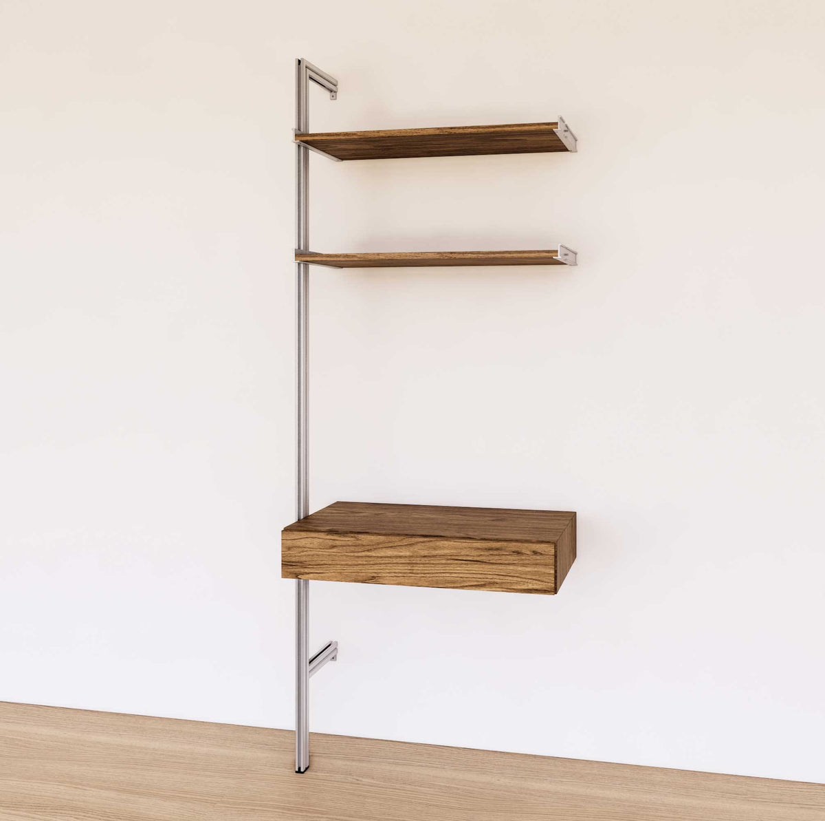Desk shelving unit with Tea for Two shelves and satin vertical posts, shown with desk surface and open shelf levels.