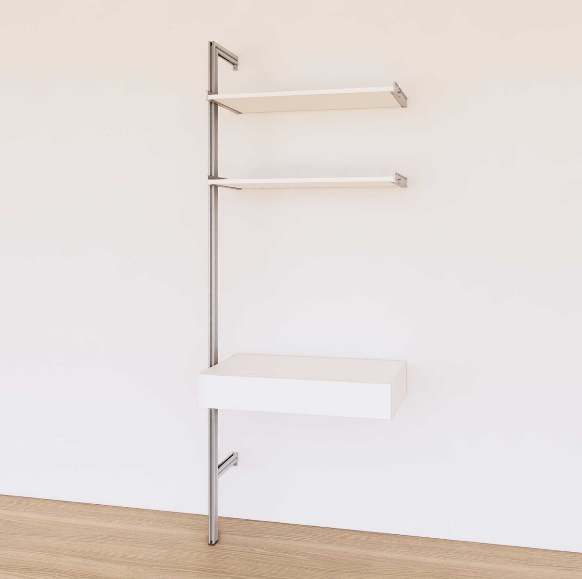 Desk shelving unit with white shelves and satin vertical posts, shown with desk surface and open shelf levels.