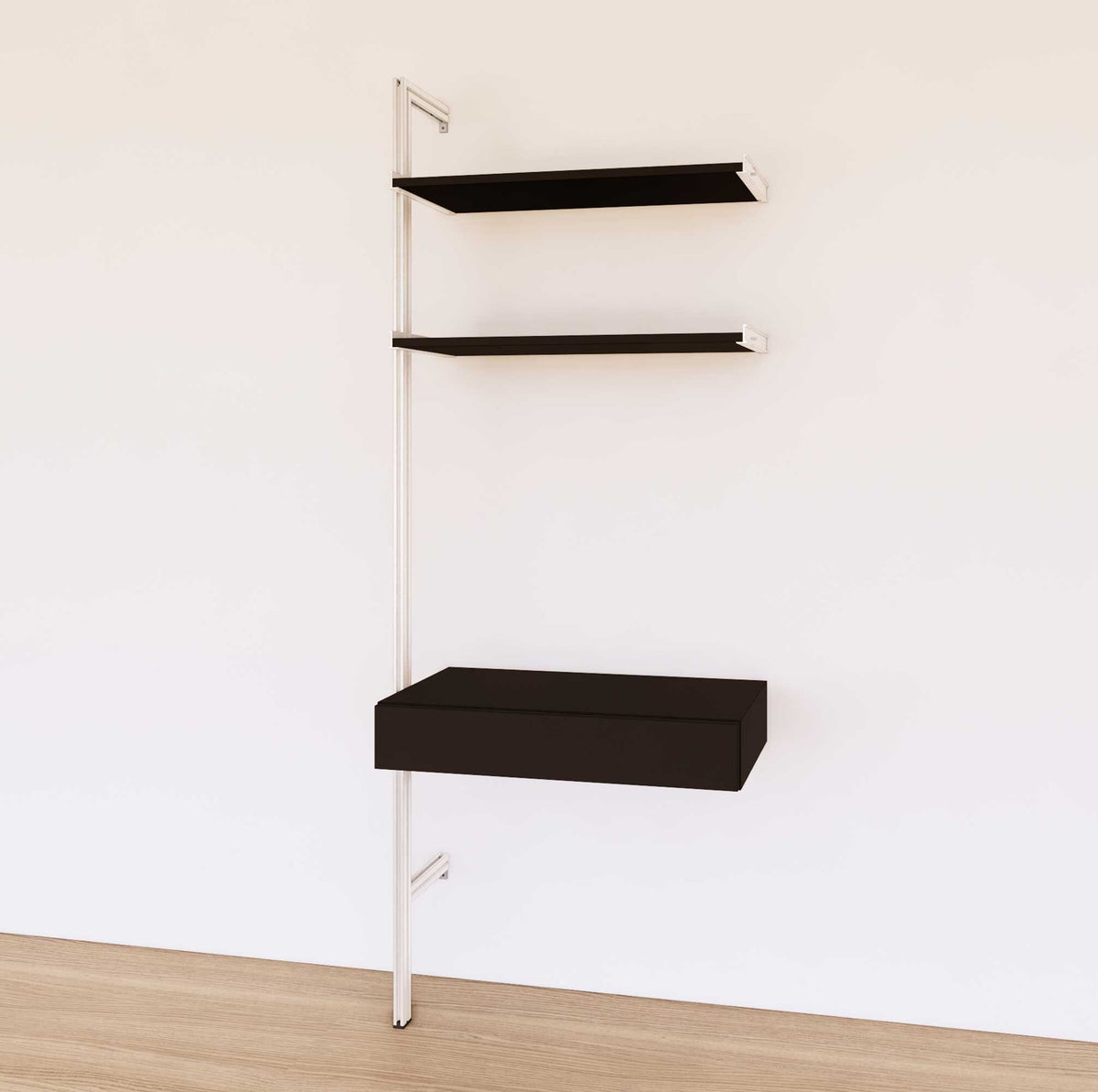 Desk shelving extension with black shelves and white vertical post, shown with desk surface and open shelf levels.