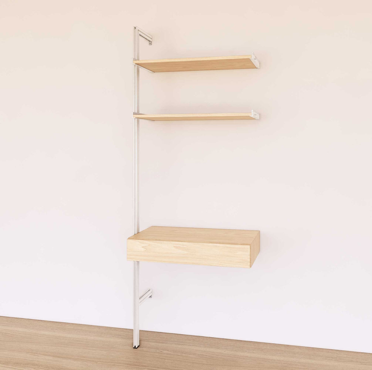 Desk shelving extension with Casting Light shelves and white vertical post, shown with desk surface and open shelf levels.