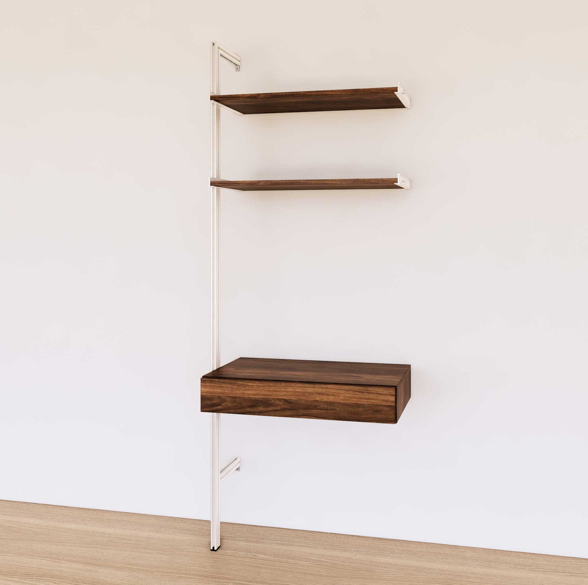 Desk shelving extension with wood-look shelves and white vertical post, shown with desk surface and open shelf levels.