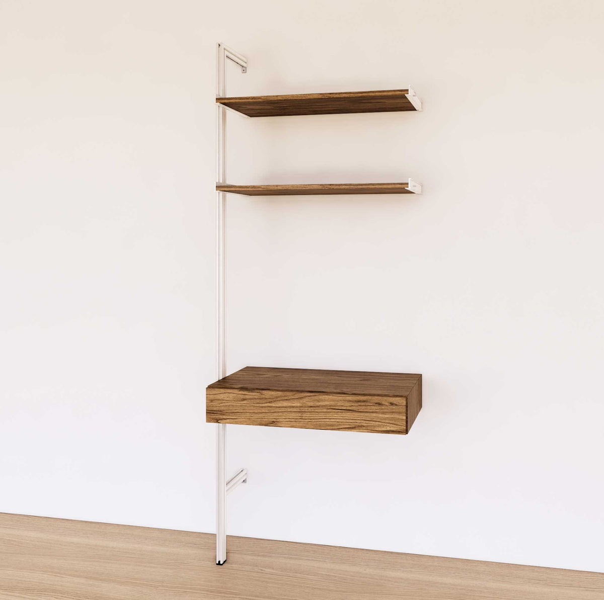 Desk shelving extension with Tea for Two shelves and white vertical post, shown with desk surface and open shelf levels.