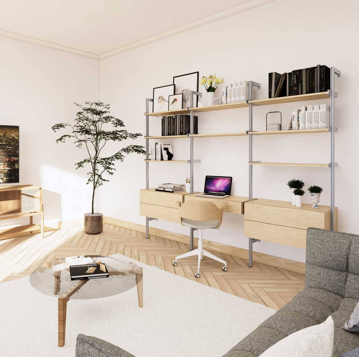 Desk shelving unit with black shelves and satin vertical posts, shown with desk surface and open shelf levels.