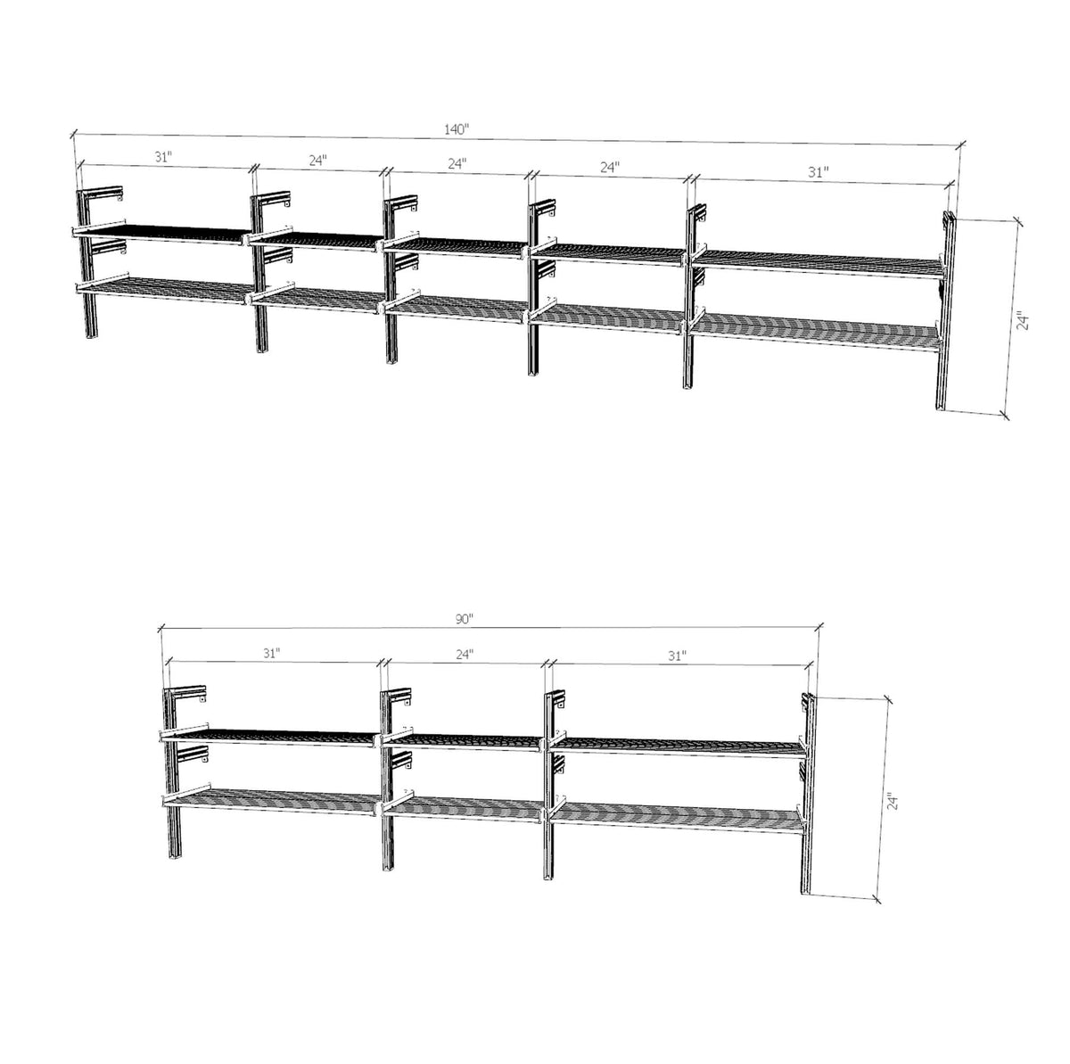 Technical drawing of a ModShelf shorty media and book shelving unit, showing product dimensions and configuration details.