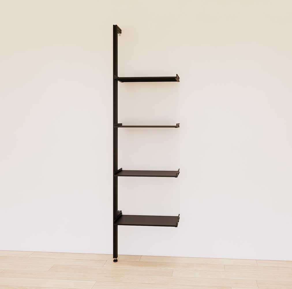 Retail display shelving extension with black shelves and black vertical post, shown with open display shelves in a 24-inch, one-bay configuration.