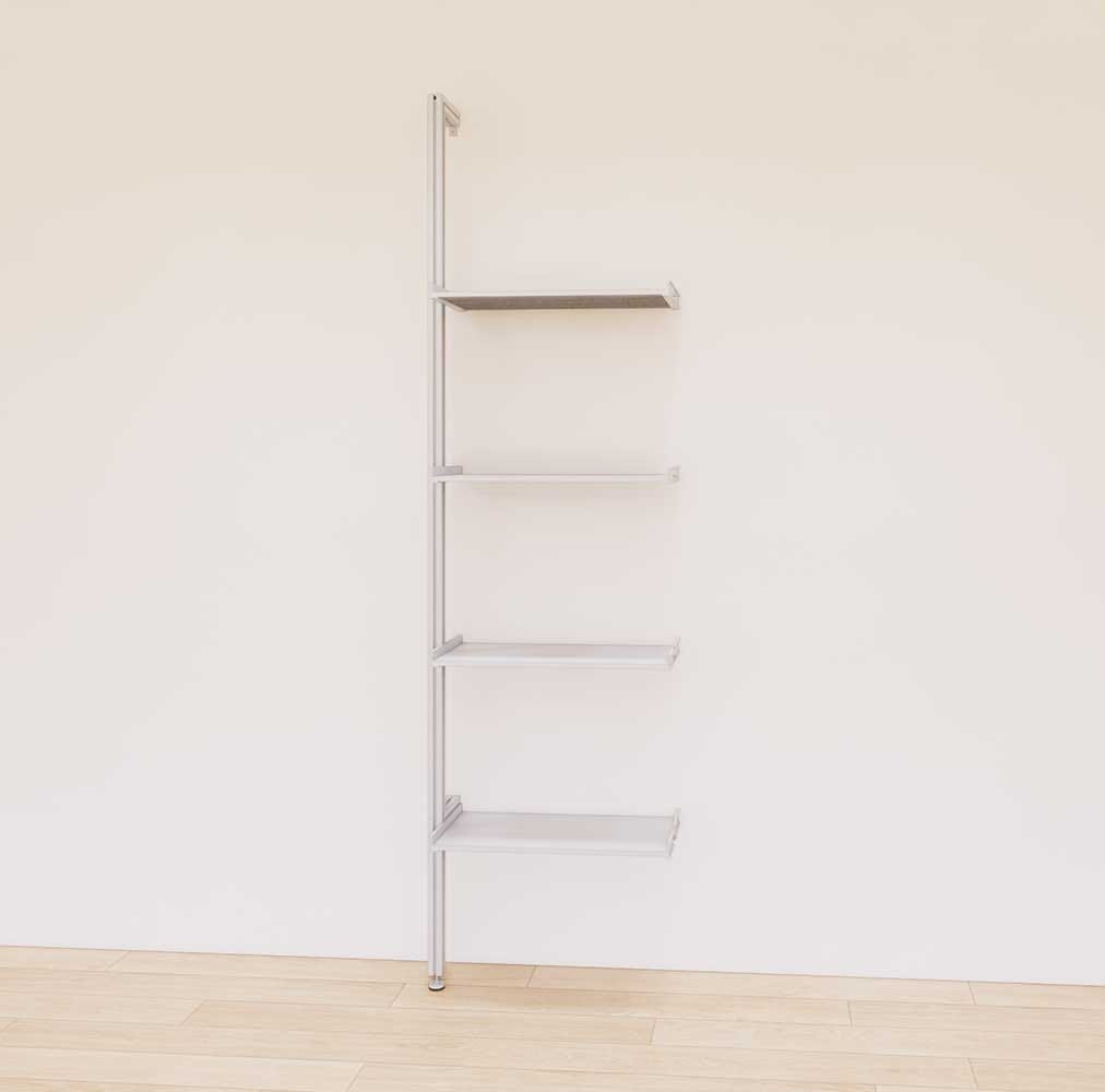 Retail display shelving extension with satin shelves and satin vertical post, shown with open display shelves in a 24-inch, one-bay configuration.