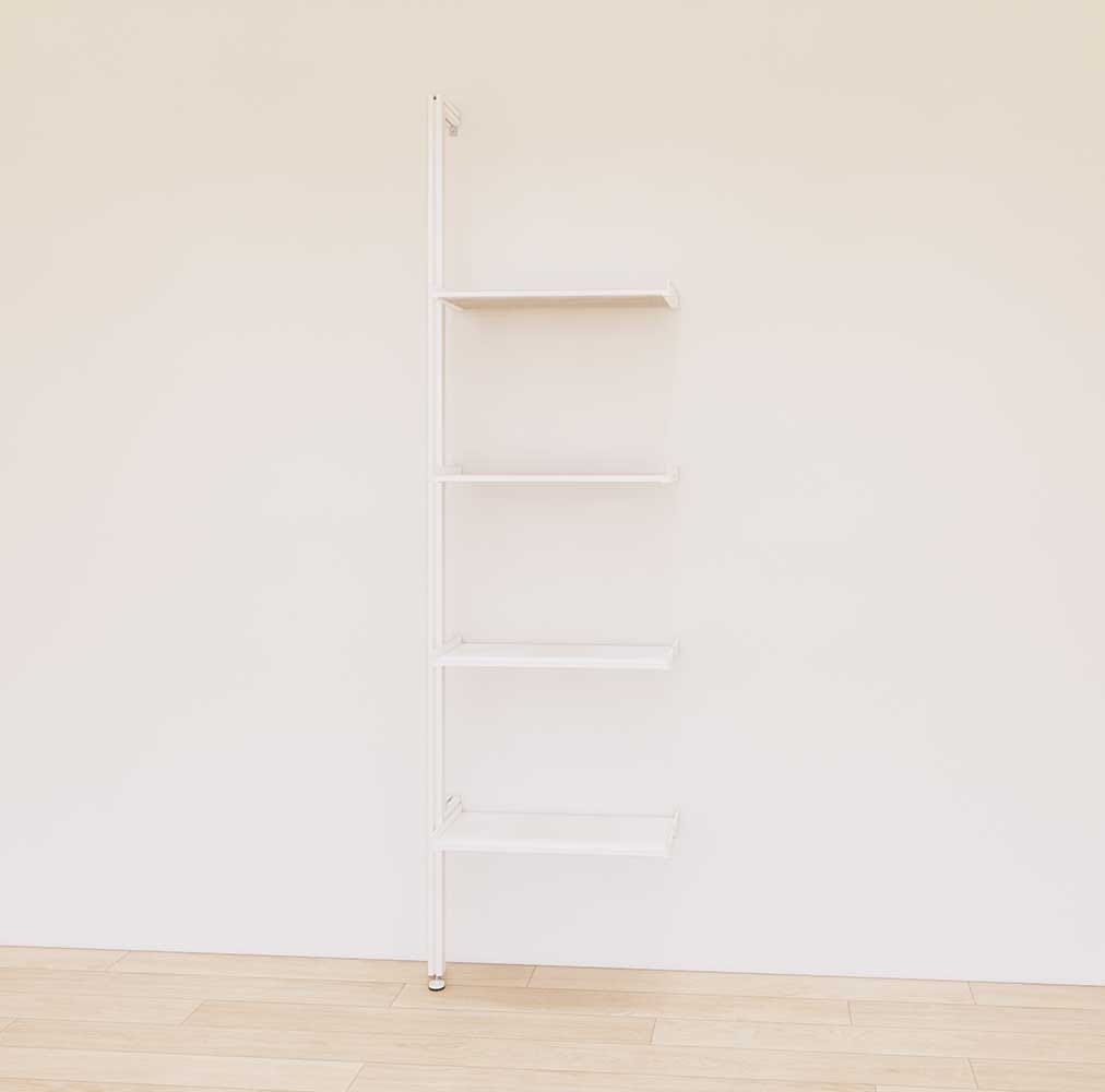 Retail display shelving extension with white shelves and white vertical post, shown with open display shelves in a 24-inch, one-bay configuration.