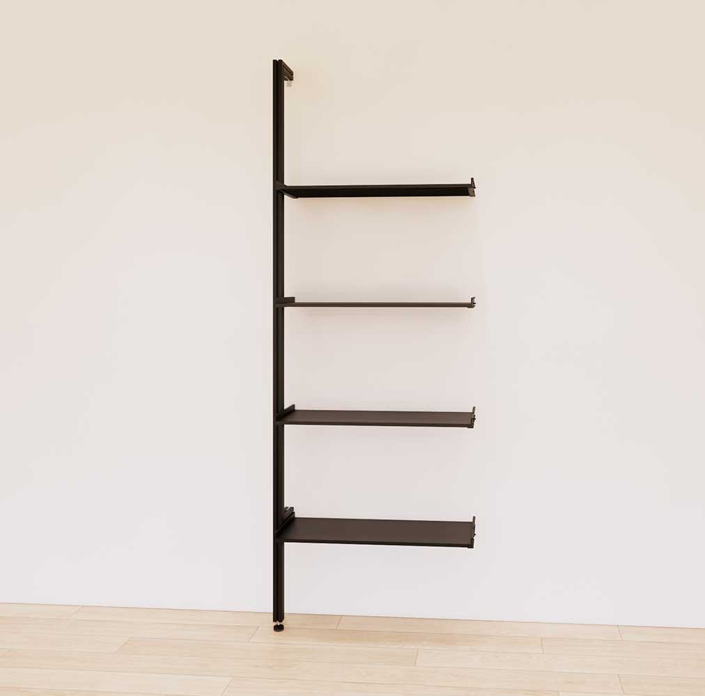 Retail display shelving extension with black shelves and black vertical post, shown with open display shelves in a 31-inch, one-bay configuration.