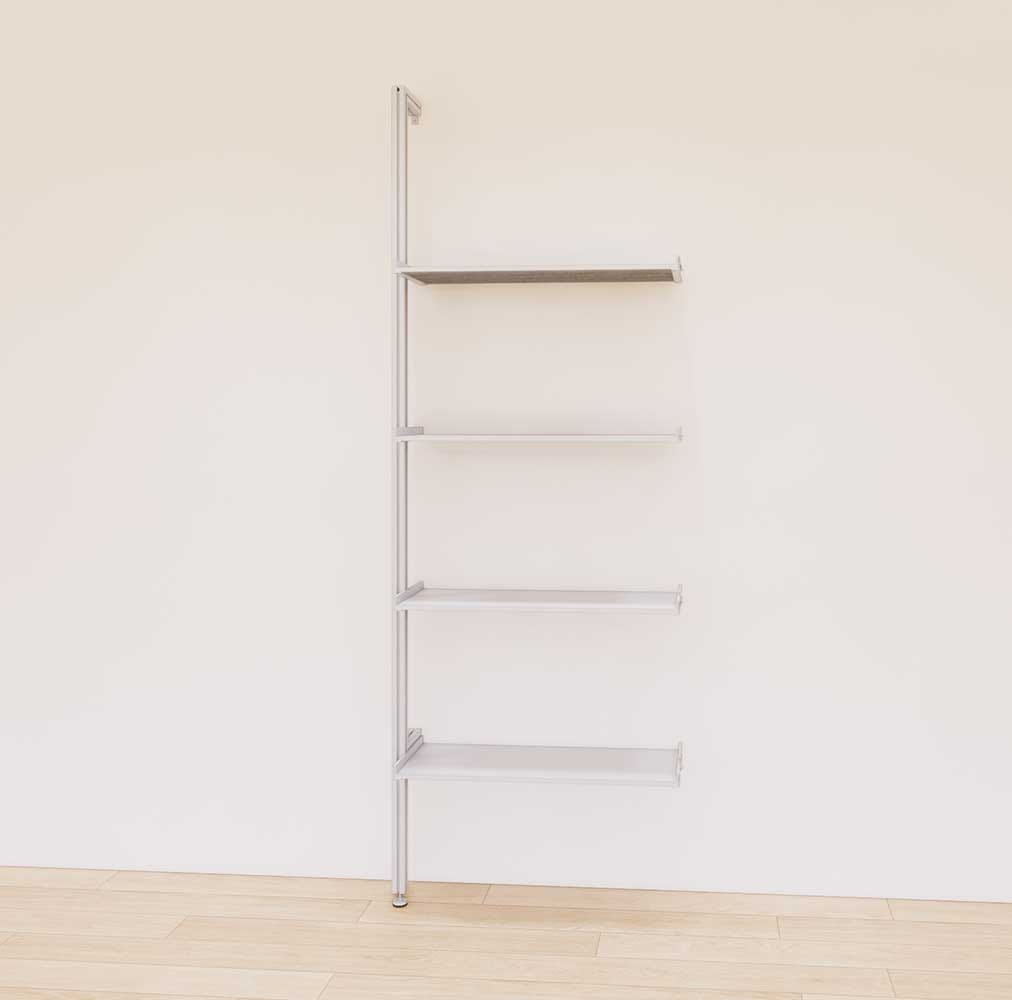 Retail display shelving extension with satin shelves and satin vertical post, shown with open display shelves in a 31-inch, one-bay configuration.