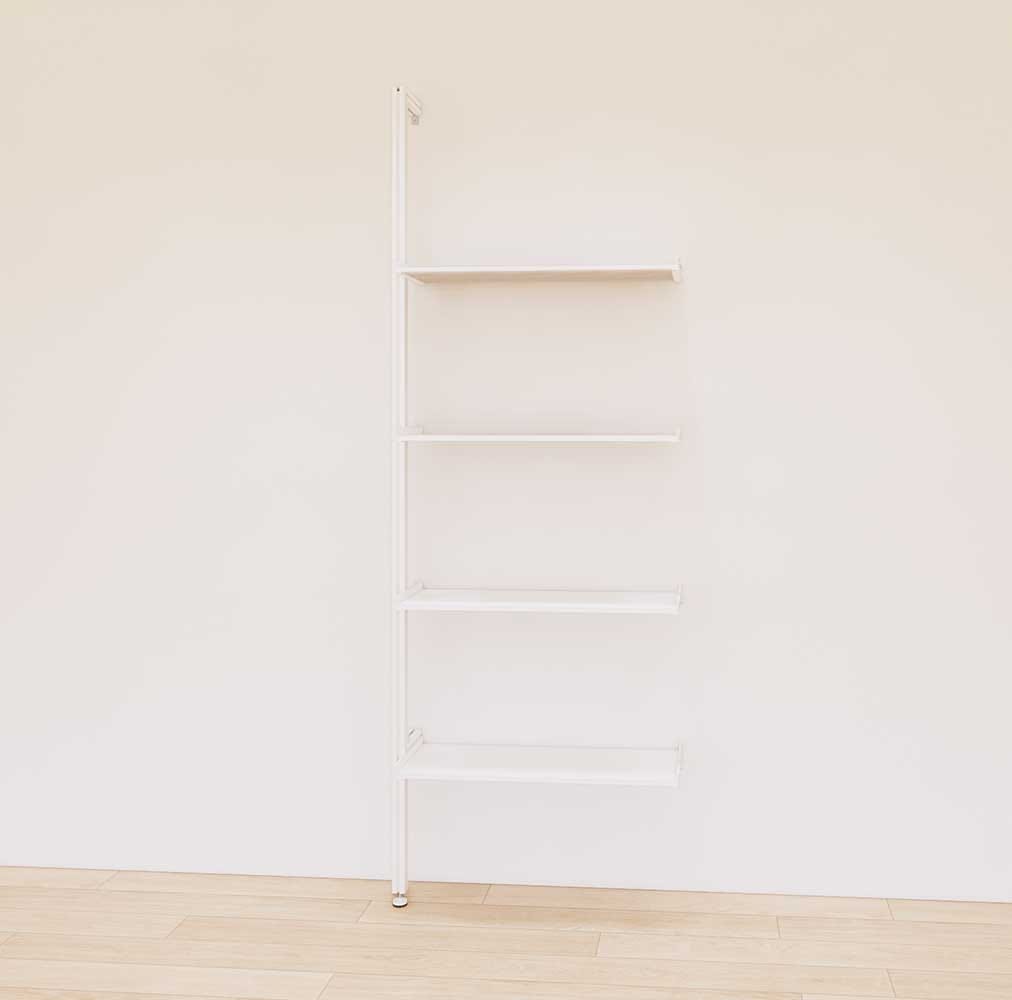 Retail display shelving extension with white shelves and white vertical post, shown with open display shelves in a 31-inch, one-bay configuration.