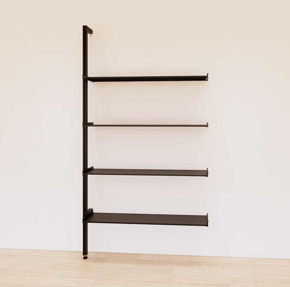 Retail display shelving extension with black shelves and black vertical post, shown with open display shelves in a 48-inch, one-bay configuration.