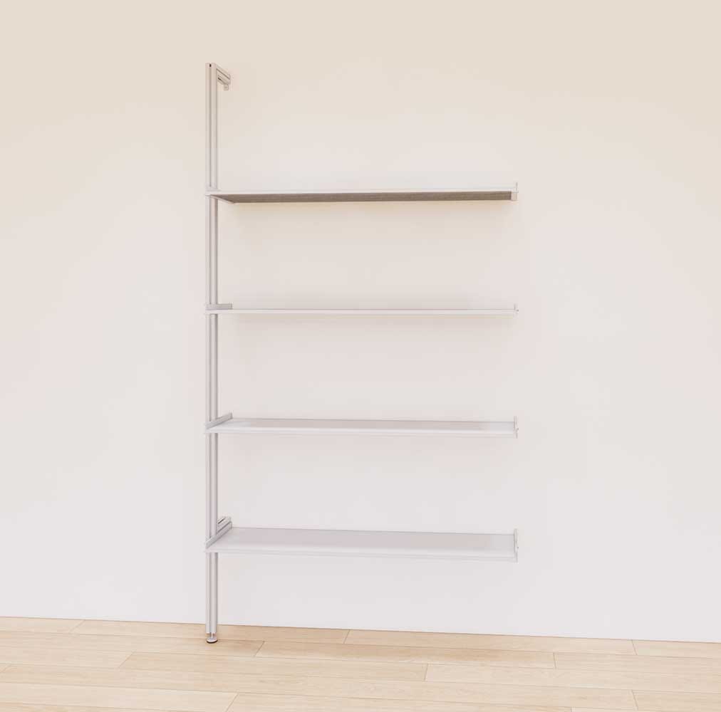 Retail display shelving extension with satin shelves and satin vertical post, shown with open display shelves in a 48-inch, one-bay configuration.