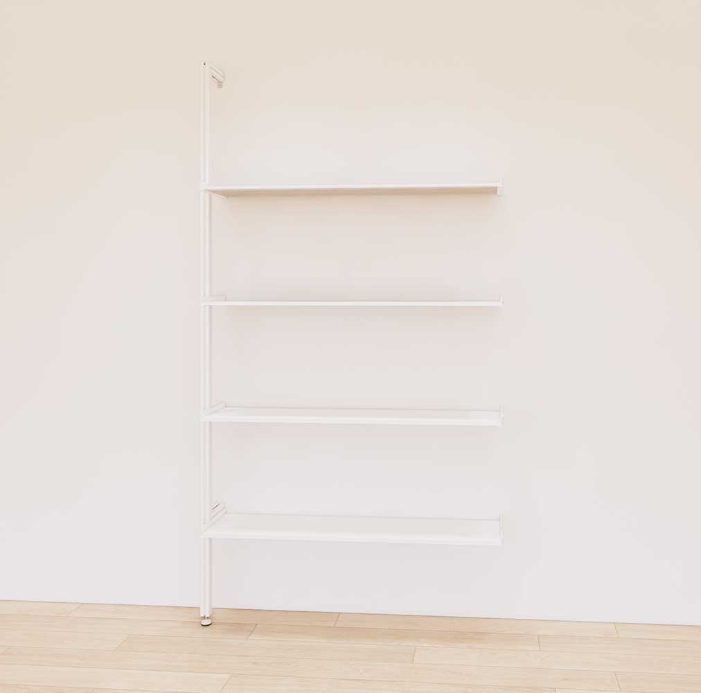 Retail display shelving extension with white shelves and white vertical post, shown with open display shelves in a 48-inch, one-bay configuration.