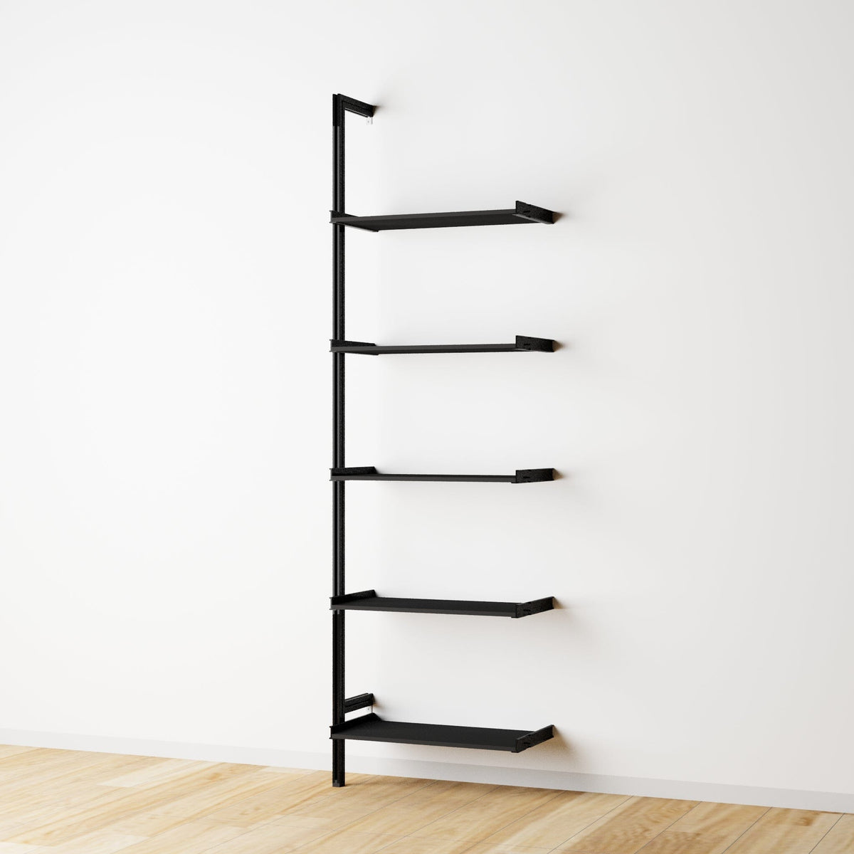 Wood shelf modular shelving extension with black shelves and black vertical post, one bay, 24-inch shelf width, shown with open shelf levels.