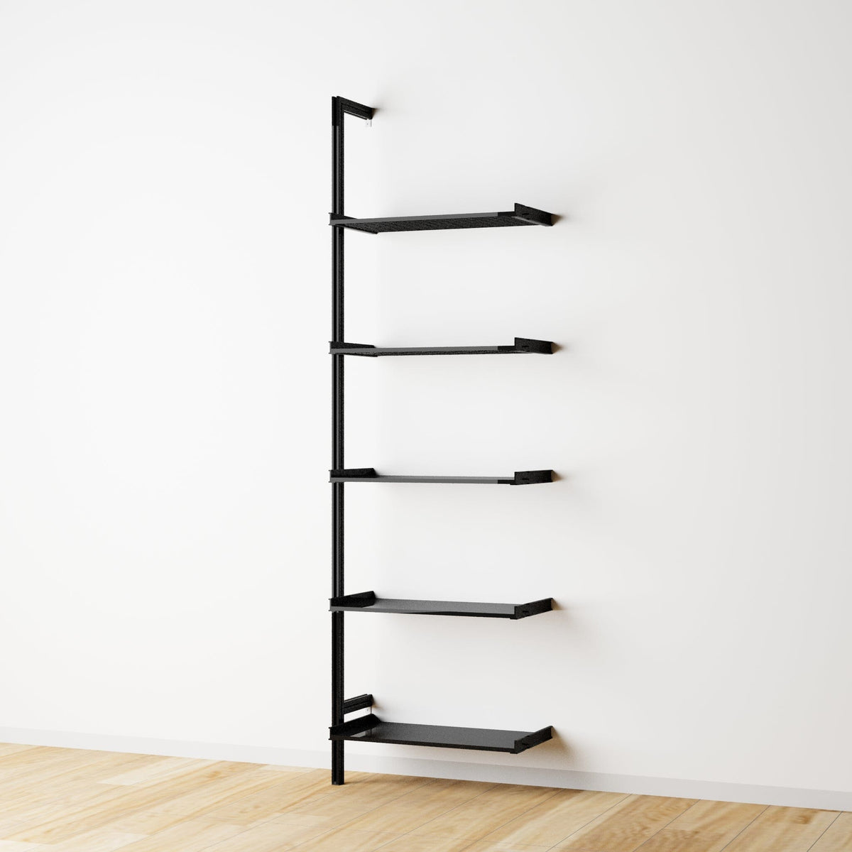 Modular shelving extension with black shelves and black vertical post, one bay, 24-inch shelf width, shown with open shelf levels.