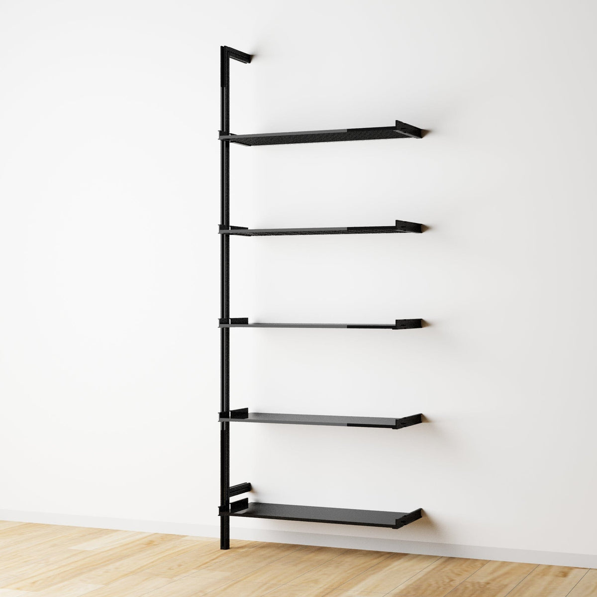 Modular shelving extension with white shelves and satin vertical post, two bays, shown with open shelf levels.