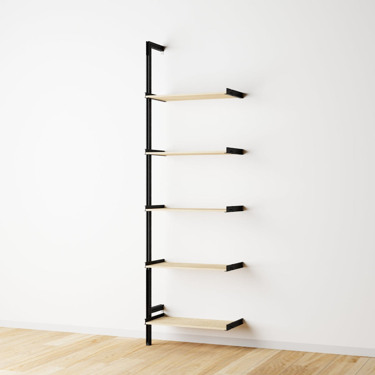 Wood shelf modular shelving extension with Casting Light shelves and black vertical post, one bay, 24-inch shelf width, shown with open shelf levels.