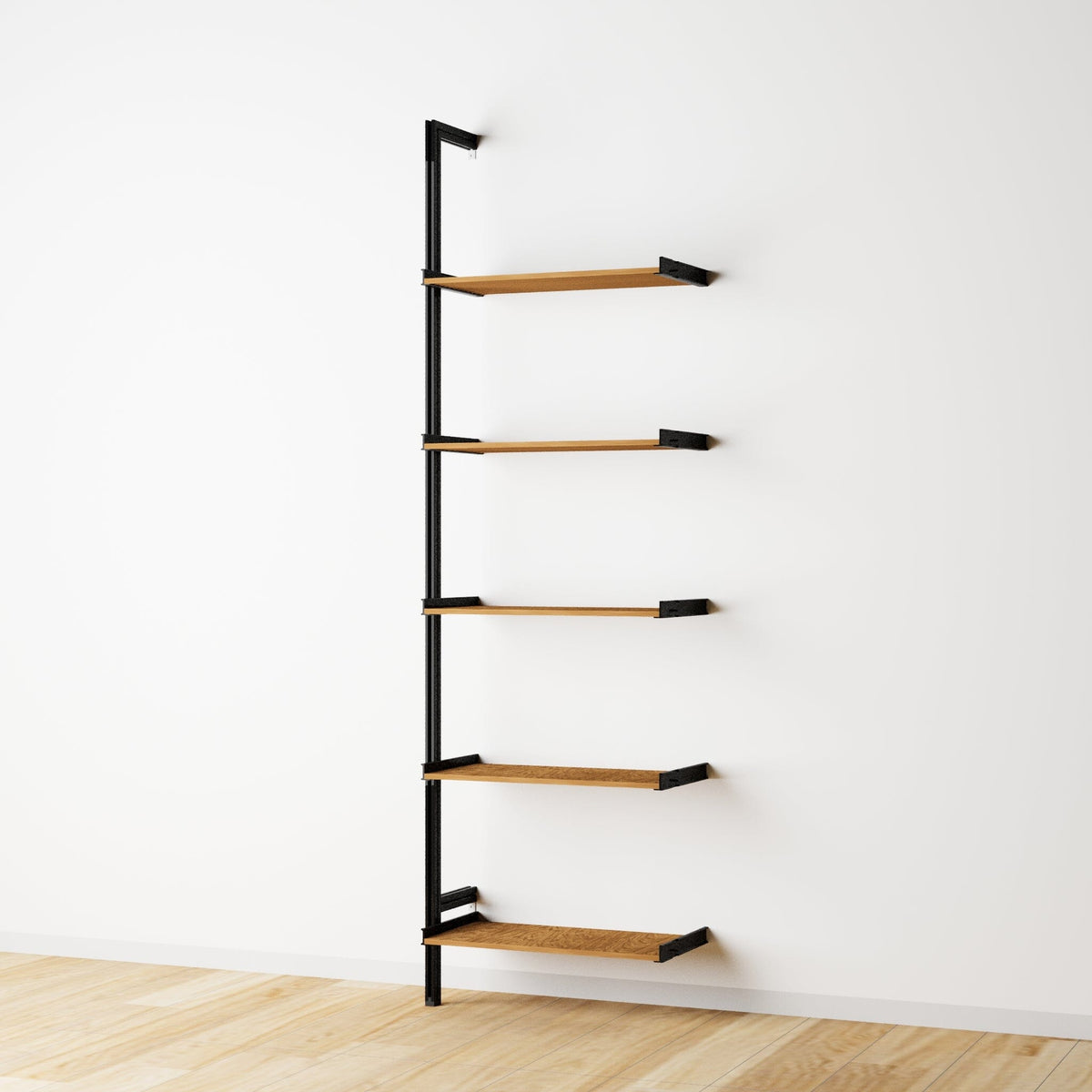 Wood shelf modular shelving extension with Tea for Two shelves and black vertical post, one bay, 24-inch shelf width, shown with open shelf levels.