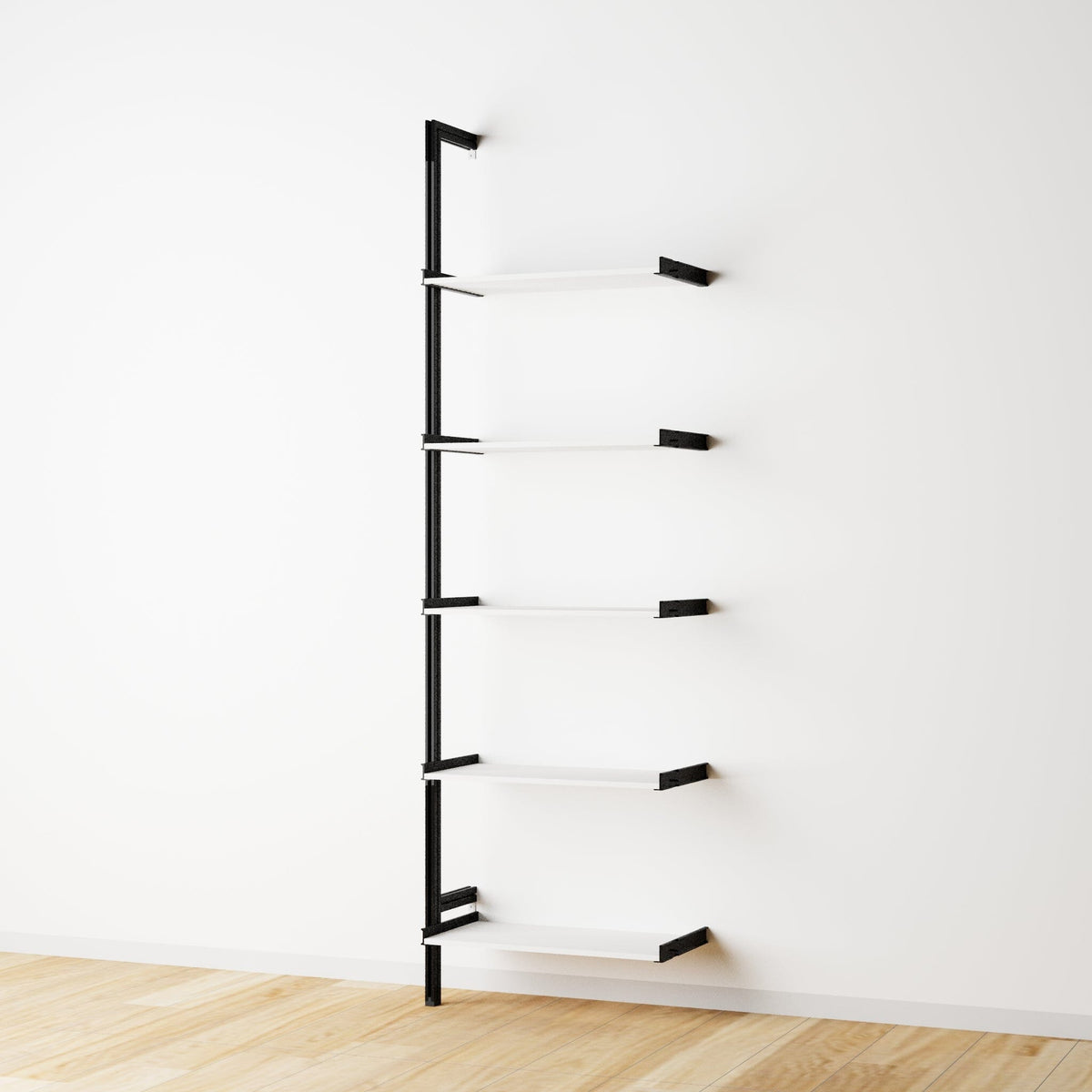 Wood shelf modular shelving extension with white shelves and black vertical post, one bay, 24-inch shelf width, shown with open shelf levels.