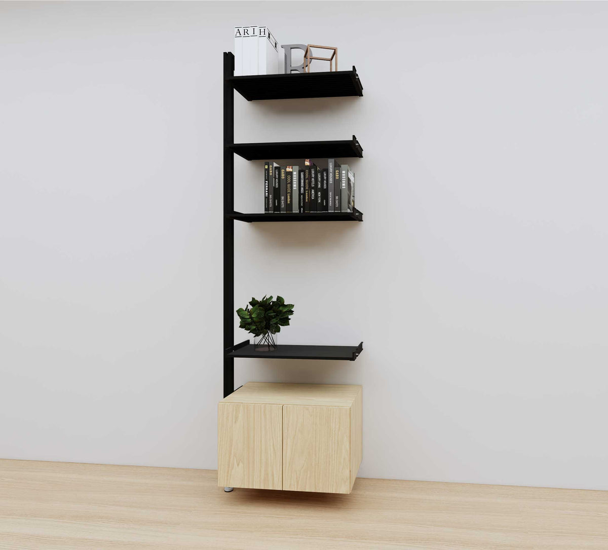 Modular media shelving extension with black shelves and black vertical post, with Casting Light wood cabinet storage, one bay, 24-inch shelf width, shown with open shelf levels.