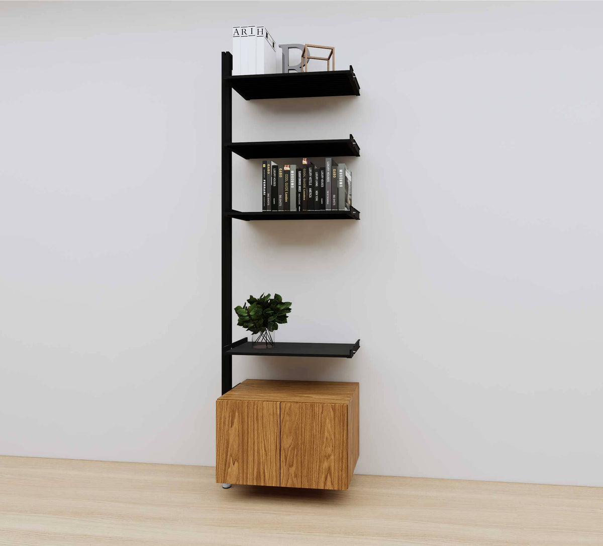 Modular media shelving extension with black shelves and black vertical post, with Tea for Two wood cabinet storage, one bay, 24-inch shelf width, shown with open shelf levels.