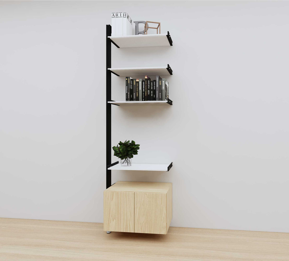 Modular media shelving extension with white shelves and black vertical post, with Casting Light wood cabinet storage, one bay, 24-inch shelf width, shown with open shelf levels.