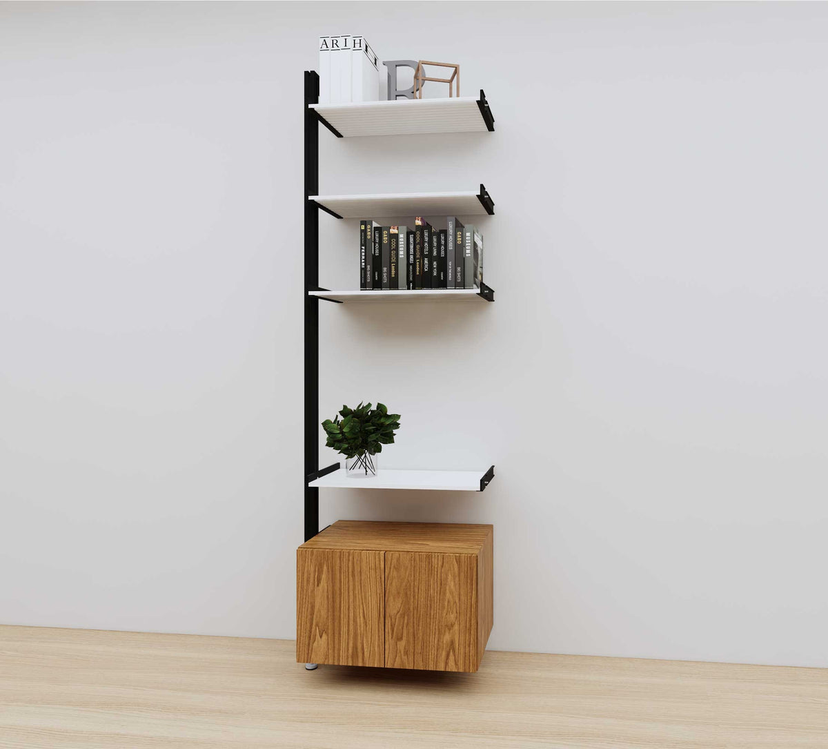 Modular media shelving extension with white shelves and black vertical post, with Tea for Two wood cabinet storage, one bay, 24-inch shelf width, shown with open shelf levels.